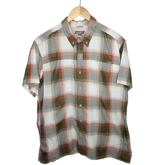 Eddie Bauer Brown White Plaid Button Up Short Sleeve Polyester Nylon Blend Shirt - Picture 1 of 10